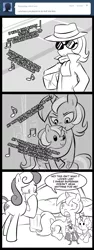 Size: 600x1600 | Tagged: safe, artist:madmax, derpibooru import, bon bon, lyra heartstrings, sweetie drops, earth pony, pony, unicorn, madmax silly comic shop, action figure, background pony, bed, bipedal, boulevard of broken dreams, caught, clothes, comic, crying, fedora, female, green day, hat, incognito, lyra plushie, mare, pillow, plothole plush lyra, scarf, self plushidox, song reference, sunglasses, superman, top hat, trenchcoat, wat