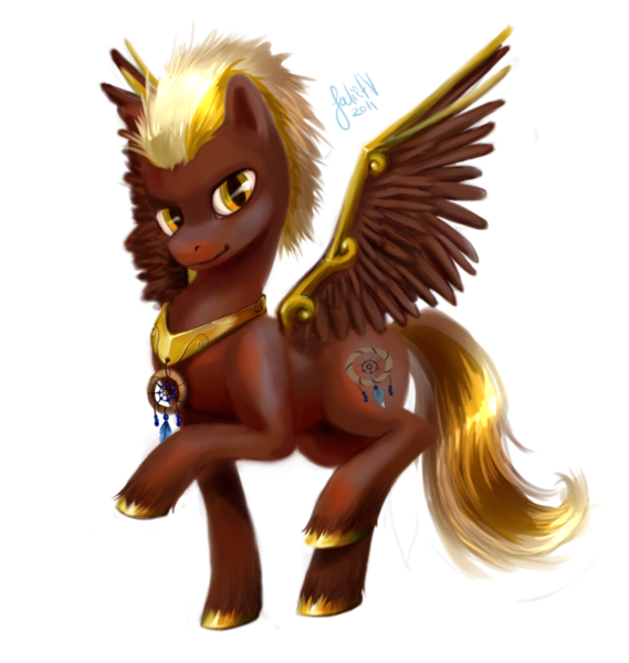 Size: 893x941 | Tagged: safe, artist:enigmatia, derpibooru import, oc, oc:dream weaver, unofficial characters only, pegasus, pony, commission, dreamcatcher, looking at you, male, necklace, raised hoof, raised leg, signature, simple background, smiling, smirk, solo, spread wings, stallion, transparent background