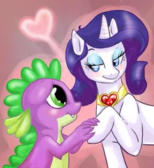 Size: 757x823 | Tagged: safe, artist:donenaya, derpibooru import, rarity, spike, dragon, pony, unicorn, blushing, female, fire ruby, interspecies, male, mare, photoshop, raised hoof, shipping, sparity, straight