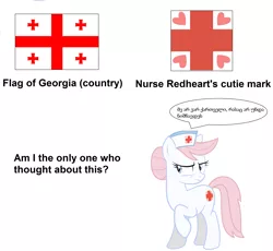 Size: 2608x2400 | Tagged: safe, derpibooru import, nurse redheart, earth pony, pony, female, flag, georgia, georgian, high res, incidental similarity, mare, meta, raised hoof, similarities, simple background, solo, white background