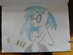 Size: 2816x2112 | Tagged: artist needed, safe, artist:ponies-of-tdroid, derpibooru import, vinyl scratch, pony, unicorn, female, high res, mare, photo, record, solo, traditional art, turntable