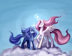 Size: 1200x934 | Tagged: dead source, safe, artist:nyarmarr, derpibooru import, princess celestia, princess luna, alicorn, pony, blank flank, cloud, duo, duo female, eyes closed, female, hooves, horn, magic, on a cloud, spread wings, standing on cloud, wings, younger
