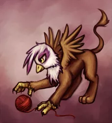 Size: 823x900 | Tagged: dead source, safe, artist:nyarmarr, derpibooru import, gilda, gryphon, abstract background, behaving like a cat, catbird, female, griffons doing cat things, image, playing, png, solo, spread wings, talons, wings, yarn, yarn ball