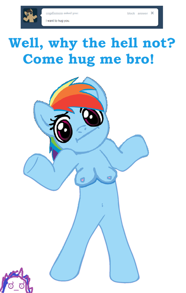 Size: 1292x2032 | Tagged: anthro, ask, belly button, breasts, busty rainbow dash, come hug me bro, derpibooru import, dialogue, featureless crotch, female, hug, looking at you, mspaintponies, nipples, nudity, oc, oc:twilight panda, questionable, rainbow dash, shrug, shrugpony, simple background, solo, solo female, tumblr, unguligrade anthro, white background