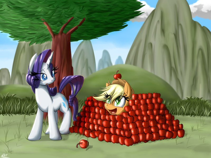 Size: 1200x900 | Tagged: safe, artist:reikomuffin, derpibooru import, applejack, rarity, earth pony, pony, unicorn, apple, apple fort, cute, duo, eye clipping through hair, female, food, fort, hnnng, jackabetes, mare, silly, silly pony, that pony sure does love apples, tree, who's a silly pony