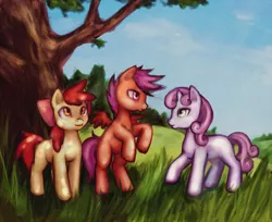 Size: 1200x981 | Tagged: dead source, safe, artist:nyarmarr, derpibooru import, apple bloom, scootaloo, sweetie belle, earth pony, pegasus, pony, unicorn, cutie mark crusaders, female, filly, grass, rearing, tree