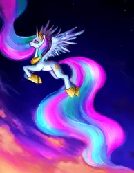 Size: 1229x1584 | Tagged: dead source, safe, artist:nyarmarr, derpibooru import, princess celestia, alicorn, pony, female, flying, mare, solo