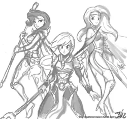 Size: 1280x1200 | Tagged: applejack, armor, artist:johnjoseco, crossover, derpibooru import, female, final fantasy, fluttershy, glaive, grayscale, human, humanized, monochrome, rarity, safe, weapon