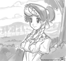 Size: 1280x1200 | Tagged: artist:johnjoseco, derpibooru import, female, granny smith, grayscale, hood, human, humanized, monochrome, safe, solo, young, younger