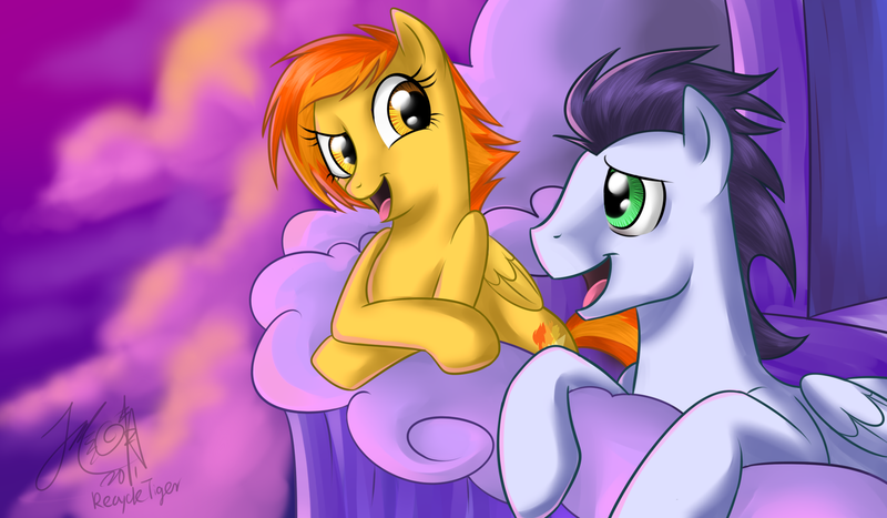 Size: 1800x1050 | Tagged: safe, artist:cat-cly, derpibooru import, soarin', spitfire, pegasus, pony, balcony, cloud, duo, female, male, mare, smiling, stallion