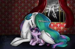 Size: 1283x836 | Tagged: safe, artist:bri-sta, artist:cat-cly, derpibooru import, princess celestia, twilight sparkle, alicorn, pony, unicorn, crying, female, filly, foal, frown, lightning, looking up, mare, missing accessory, momlestia, nuzzling, prone, sad, scared, storm, window, wing blanket