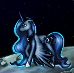 Size: 889x876 | Tagged: dead source, safe, artist:nyarmarr, derpibooru import, princess luna, alicorn, pony, banishment, female, hoof shoes, mare, moon, solo, space, stars, wings down