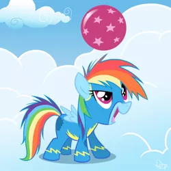 Size: 792x792 | Tagged: safe, artist:yikomega, derpibooru import, rainbow dash, pegasus, pony, ball, cloud, female, filly, filly rainbow dash, foal, hooves, on a cloud, solo, spread wings, standing on cloud, wings, wonderbolts uniform, younger
