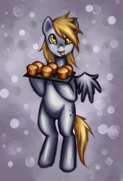 Size: 761x1123 | Tagged: dead source, safe, artist:nyarmarr, derpibooru import, derpy hooves, pegasus, pony, abstract background, bipedal, female, mare, muffin, solo, tongue out