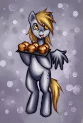 Size: 761x1123 | Tagged: dead source, safe, artist:nyarmarr, derpibooru import, derpy hooves, pegasus, pony, abstract background, bipedal, female, mare, muffin, solo, tongue out