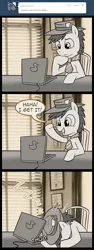 Size: 600x1600 | Tagged: safe, artist:madmax, derpibooru import, oc, oc:squeak, unofficial characters only, earth pony, pony, madmax silly comic shop, blinds, comic, computer, hat, headdesk, laptop computer, male, necktie, ponysona, sleeping, stallion, zzz