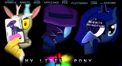Size: 2580x1400 | Tagged: safe, artist:paradigm pizza, deleted from derpibooru, derpibooru import, discord, mare do well, princess luna, alicorn, pony, crossover, female, mare, poster, the dark knight