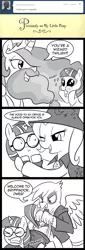Size: 600x1766 | Tagged: safe, artist:madmax, derpibooru import, gilda, princess celestia, trixie, twilight sparkle, alicorn, gryphon, pony, unicorn, madmax silly comic shop, beard, clothes, comic, facial hair, female, filly, glasses, harry potter, hogwarts, mare, panties, underwear, wedgie