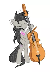 Size: 608x871 | Tagged: safe, artist:nimbostratus, derpibooru import, octavia melody, earth pony, pony, 100, background pony, bed mane, bipedal, bowtie, cello, eyes closed, featureless crotch, female, frown, get, headbang, hilarious in hindsight, hoof hold, index get, mare, messy mane, milestone, morning ponies, music, musical instrument, photoshop, simple background, solo, standing, white background