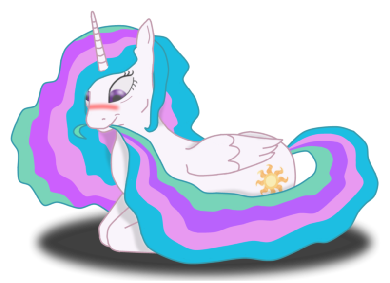 Size: 1100x800 | Tagged: safe, artist:virenth, derpibooru import, princess celestia, alicorn, pony, blushing, female, mare, missing accessory, nom, prone, simple background, smiling, solo, tail bite, transparent background