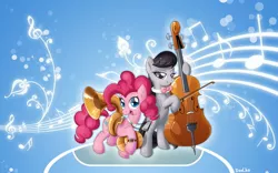 Size: 1680x1050 | Tagged: safe, artist:don-ko, derpibooru import, octavia melody, pinkie pie, earth pony, pony, abstract background, cello, cymbals, duo, female, harmonica, mare, music notes, musical instrument, tuba, wallpaper