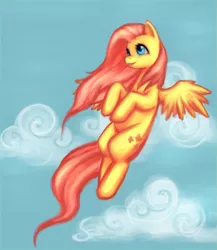 Size: 887x1024 | Tagged: dead source, safe, artist:nyarmarr, derpibooru import, fluttershy, pegasus, pony, cloud, female, flying, mare, solo