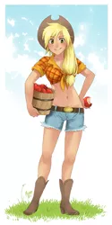 Size: 472x942 | Tagged: safe, artist:meago, derpibooru import, applejack, human, 2010s, 2011, apple, applejack's hat, belly button, belt, blonde hair, blue bottomwear, boots, breasts, bucket, busty applejack, clothes, cowboy boots, cowboy hat, cowgirl, daisy dukes, denim shorts, female, food, front knot midriff, grass, green eyes, hand on hip, happy, hat, human coloration, humanized, image, legs, looking at you, midriff, outdoors, plaid shirt, png, ponytail, shirt, shorts, sky, smiling, solo, tied shirt, tomboy