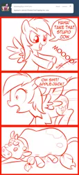Size: 500x1100 | Tagged: safe, artist:madmax, derpibooru import, applejack, rainbow dash, cow, earth pony, pegasus, pony, madmax silly comic shop, abuse, comic, cow tipping, female, jackabuse, mare, monochrome, vulgar