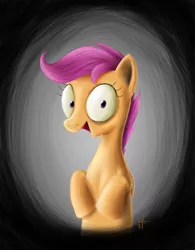 Size: 863x1105 | Tagged: safe, artist:melancholy, derpibooru import, scootaloo, pegasus, pony, abstract background, crazy face, creepy, faic, female, filly, solo