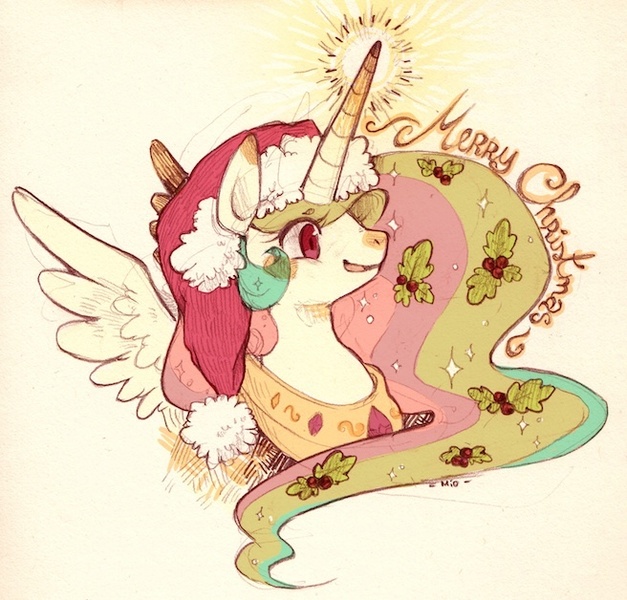 Size: 656x628 | Tagged: dead source, safe, artist:mi-eau, derpibooru import, princess celestia, alicorn, pony, bust, christmas, cute, female, glowing horn, hat, holly, magic, mare, open mouth, photoshop, portrait, profile, santa hat, smiling, solo, spread wings