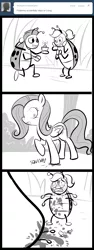 Size: 600x1600 | Tagged: grimdark, artist:madmax, derpibooru import, fluttershy, ladybug, pegasus, pony, madmax silly comic shop, blood, comic, crying, dark comedy, female, grayscale, happy, mare, marriage proposal, monochrome, open mouth, raised hoof, ring, sad, smiling, squish