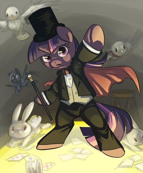 Size: 800x967 | Tagged: safe, artist:briskby, derpibooru import, derpy hooves, twilight sparkle, dove, pegasus, pony, rabbit, semi-anthro, cape, card, clothes, female, magician, mare, moustache, top hat