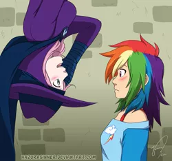 Size: 791x740 | Tagged: safe, artist:hazurasinner, derpibooru import, fluttershy, mare do well, rainbow dash, human, blushing, cute, eye contact, female, flutterdash, humanized, lesbian, looking at each other, open mouth, shipping, smiling, spider-man, upside down, wide eyes