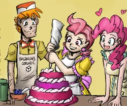 Size: 1000x833 | Tagged: safe, artist:johnjoseco, artist:michos, derpibooru import, carrot cake, cup cake, pinkie pie, human, apron, carrot cup, clothes, cute, female, heart, humanized, male, shipping, straight