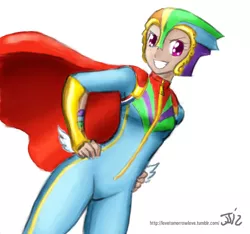 Size: 1280x1200 | Tagged: artist:johnjoseco, artist:michos, cape, clothes, costume, derpibooru import, female, human, humanized, rainbow dash, safe, simple background, solo, white background