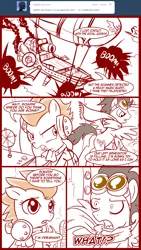Size: 900x1600 | Tagged: safe, artist:madmax, derpibooru import, soarin', spitfire, pegasus, pony, madmax silly comic shop, airship, cannon, clothes, comic, drama bomb, explosion, female, floppy ears, glare, goggles, headphones, male, mare, monochrome, open mouth, pregnant, radio, scarf, shipping, shocked, soarinfire, stallion, straight, tumblr, wide eyes