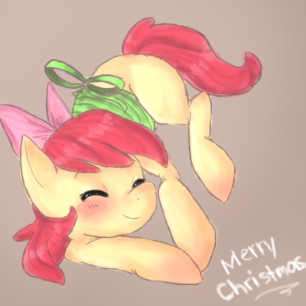 Size: 1000x1000 | Tagged: dead source, safe, artist:kryssidaunicorn, derpibooru import, apple bloom, earth pony, pony, brown background, female, filly, merry christmas, ribbon, simple background, sleeping, solo