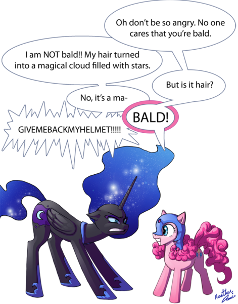 Size: 640x815 | Tagged: safe, artist:tavisharts, derpibooru import, nightmare moon, pinkie pie, princess luna, alicorn, earth pony, pony, accessory theft, angry, bald, cute, dialogue, diapinkes, duo, eye contact, female, floppy ears, frown, glare, grin, gritted teeth, happy, helmet, looking at each other, mare, missing accessory, moonabetes, pinkie being pinkie, simple background, smiling, squee, teasing, transparent background