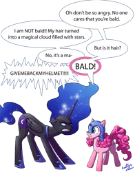 Size: 640x815 | Tagged: safe, artist:tavisharts, derpibooru import, nightmare moon, pinkie pie, princess luna, alicorn, earth pony, pony, accessory theft, angry, bald, cute, dialogue, diapinkes, duo, eye contact, female, floppy ears, frown, glare, grin, gritted teeth, happy, helmet, looking at each other, mare, missing accessory, moonabetes, pinkie being pinkie, simple background, smiling, squee, teasing, transparent background
