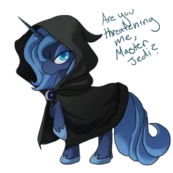 Size: 864x864 | Tagged: safe, artist:the-orator, derpibooru import, princess luna, alicorn, pony, cloak, clothes, colored pupils, female, hilarious in hindsight, hood, mare, raised hoof, s1 luna, simple background, sith, solo, star wars, transparent background