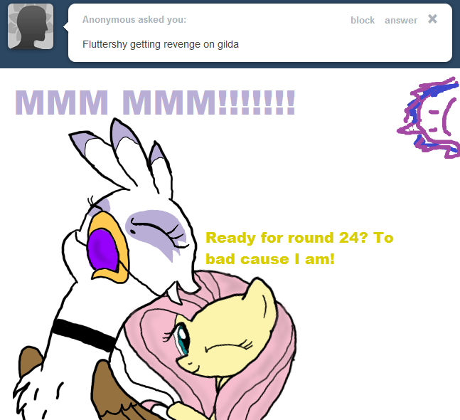 Size: 647x590 | Tagged: semi-grimdark, suggestive, derpibooru import, fluttershy, gilda, oc, oc:twilight panda, gryphon, pegasus, pony, ballgag, bondage, dialogue, female, gag, implied rape, interspecies, lesbian, mare, mspaintponies, one eye closed, simple background, smiling, tumblr, white background, wink