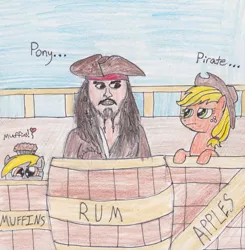 Size: 2457x2511 | Tagged: safe, artist:darkknightwolf2011, derpibooru import, applejack, derpy hooves, earth pony, human, pegasus, pony, barrel, crossover, female, high res, jack sparrow, male, mare, pirates of the caribbean, traditional art