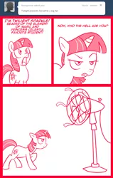 Size: 700x1100 | Tagged: safe, artist:madmax, derpibooru import, twilight sparkle, pony, unicorn, madmax silly comic shop, boasting, comic, fan, female, frown, glare, mare, monochrome, open mouth, pun, raised eyebrow, raised hoof, solo