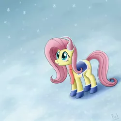 Size: 2000x2000 | Tagged: dead source, safe, artist:polkin, derpibooru import, fluttershy, pegasus, pony, clothes, earmuffs, female, high res, mare, mittens, saddle, scarf, snow, snowfall, solo, winter