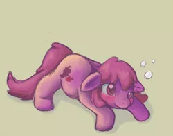 Size: 676x530 | Tagged: safe, artist:first-blush, derpibooru import, berry punch, berryshine, earth pony, pony, blushing, drunk, female, floppy ears, mare, prone, simple background, solo, tan background