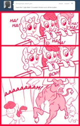 Size: 700x1100 | Tagged: safe, artist:madmax, derpibooru import, apple bloom, scootaloo, sweetie belle, bull, earth pony, pegasus, pony, unicorn, madmax silly comic shop, bully, bullying, comic, cutie mark crusaders, female, filly, laughing, panic, rampage, too dumb to live