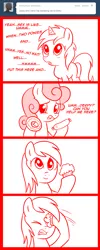 Size: 600x1500 | Tagged: suggestive, artist:madmax, derpibooru import, carrot top, derpy hooves, dinky hooves, golden harvest, earth pony, pegasus, pony, unicorn, madmax silly comic shop, comic, donut, female, filly, hot dog, implied ponies eating meat, mare, monochrome, muffin, sex education
