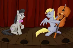 Size: 1114x733 | Tagged: safe, artist:sorcerushorserus, derpibooru import, derpy hooves, octavia melody, earth pony, pegasus, pony, bowtie, cello, comedy, duo, duo female, fail, female, mare, music, musical instrument, palindrome get