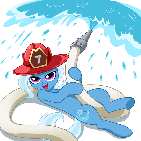 Size: 1000x1000 | Tagged: suggestive, artist:madmax, derpibooru import, trixie, pony, unicorn, bedroom eyes, female, firefighter, firefighter helmet, firefighter trixie, hat, helmet, hose, innuendo, mare, on back, solo, solo female, water