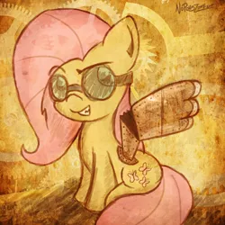 Size: 2000x2000 | Tagged: safe, artist:noponyzone, derpibooru import, fluttershy, pony, abstract background, female, goggles, high res, mare, prosthetic wing, sitting, solo, steampunk